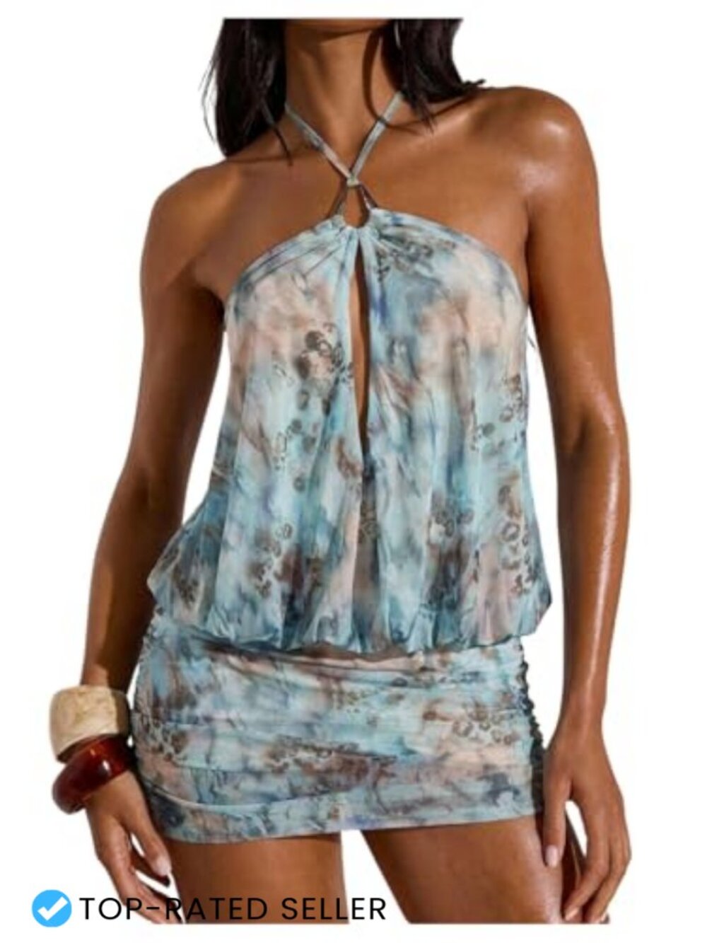 Tie Dye Halter Mini Dress Sleeveless Bodycon Backless